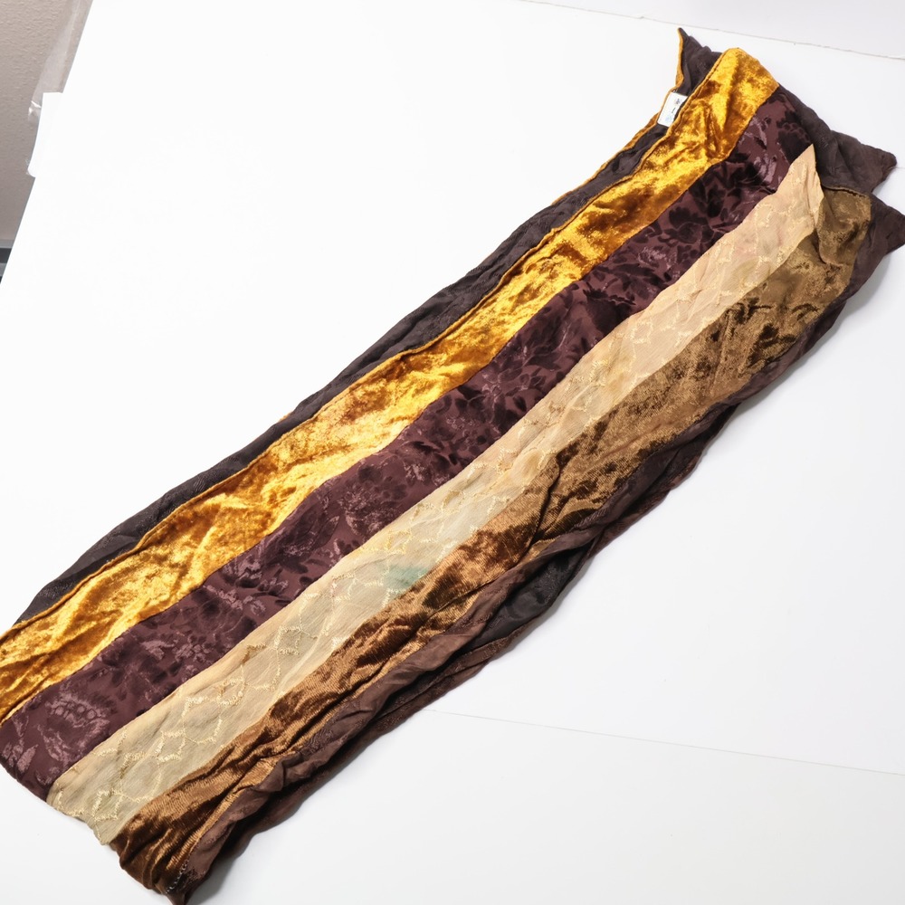 VTG Artsy Mixed Texture Velvet Burnout Scarf Brown Gold Earth Tones Striped SEE - Picture 3 of 9